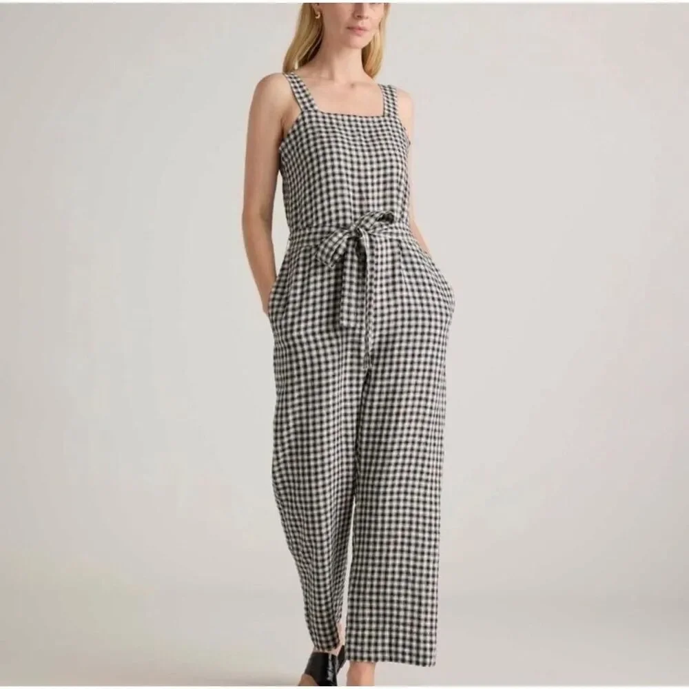 Quince 100% European Linen Square Neck Jumpsuit Large Khaki Black Gingham Preppy